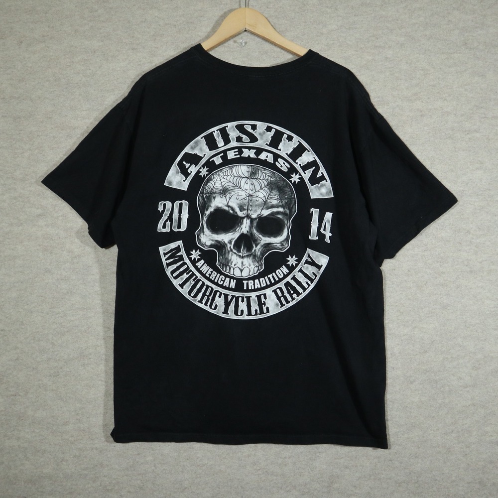 Anvil Austin Texas Motorcycle Rally 2014 Skull T-Shirt Mens XL Black Biker Y2K